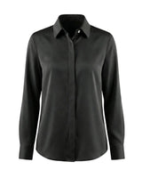 Graceful Satin Look Office Dress Shirt in black, flat lay front view with point collar