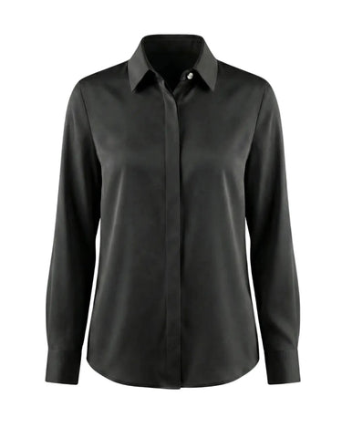 Graceful Satin Look Office Dress Shirt in black, flat lay front view with point collar