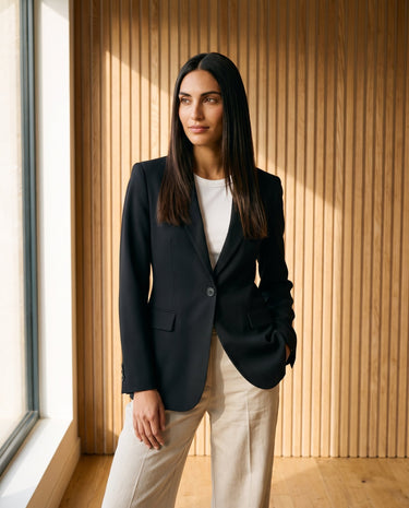 Graciela Cinch Waist Blazer in black — single-button cinch-waist blazer, front view on model