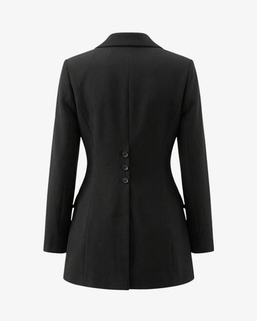 Graciela Cinch Waist Blazer in black — cinch-waist blazer with buttoned back detail, back product flat-lay
