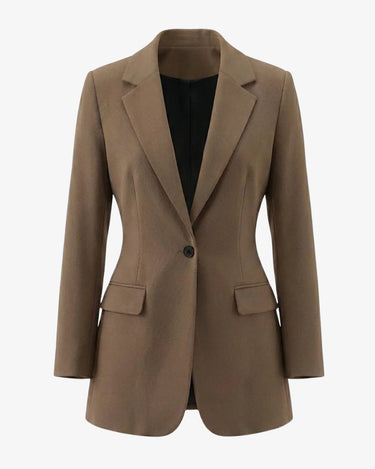 Graciela Cinch Waist Blazer in brown — single-button cinch-waist blazer with notch lapels, product flat-lay