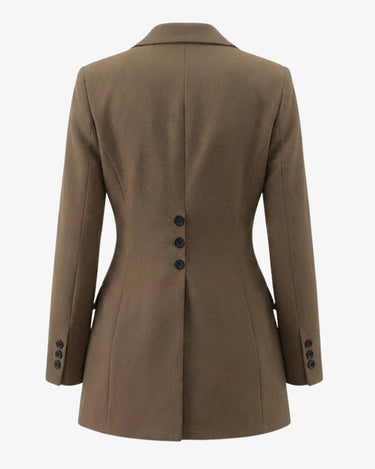 Graciela Cinch Waist Blazer in brown — cinch-waist blazer with buttoned back detail, back product flat-lay