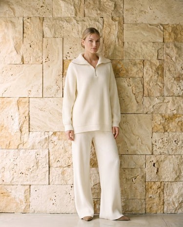 Off White knit set on model, relaxed front view – Moriel Heritage