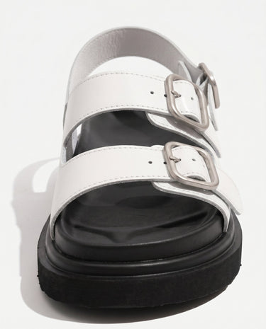 White buckled strap sandals, back buckle detail – Moriel Heritage