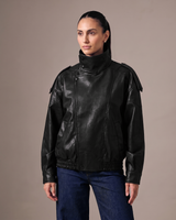 Hallie Funnel Jacket in black — front view worn by a model, showing the funnel collar and cropped boxy fit