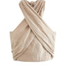 Beige linen crossover halter crop top, front flat lay on white – Moriel Heritage