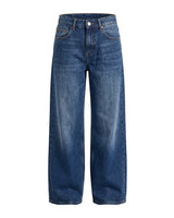 Harlow Low Rise Jeans in academy blue — low-rise baggy straight-leg denim in a classic mid-blue wash, flat lay
