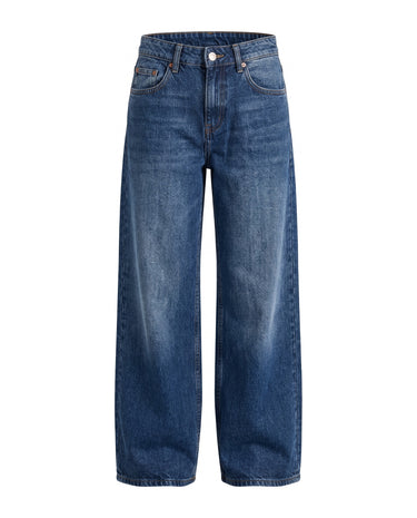 Harlow Low Rise Jeans in academy blue — low-rise baggy straight-leg denim in a classic mid-blue wash, flat lay