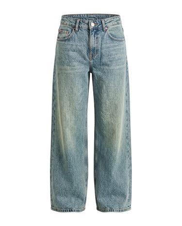 Harlow Low Rise Jeans in a pale blue-gray wash — low-rise baggy straight-leg denim, product flat lay