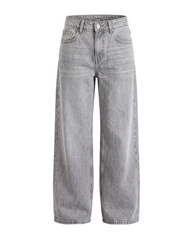 Harlow Low Rise Jeans in blue gray — low-rise baggy straight-leg denim in a soft grey wash, flat lay