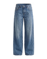 Harlow Low Rise Jeans in blue wash — low-rise baggy straight-leg denim in a classic blue wash, flat lay