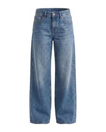 Harlow Low Rise Jeans in blue wash — low-rise baggy straight-leg denim in a classic blue wash, flat lay