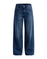 Harlow Low Rise Jeans in a deep blue wash — low-rise baggy straight-leg denim, product flat lay
