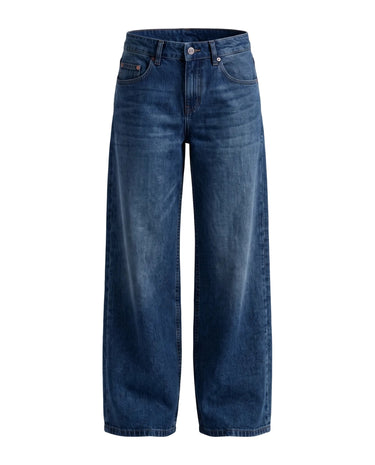 Harlow Low Rise Jeans in a deep blue wash — low-rise baggy straight-leg denim, product flat lay