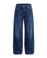 Harlow Low Rise Jeans in dark blue — low-rise baggy straight-leg denim in a rich dark wash, flat lay