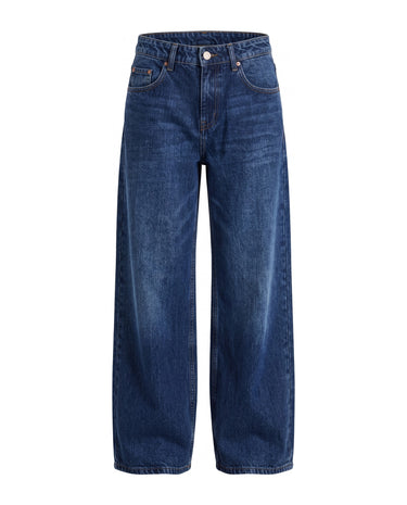 Harlow Low Rise Jeans in dark blue — low-rise baggy straight-leg denim in a rich dark wash, flat lay
