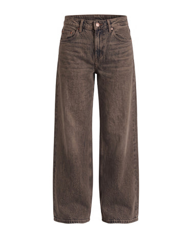 Harlow Low Rise Jeans in dark brown — low-rise baggy straight-leg denim in a washed brown, flat lay