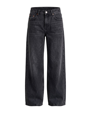 Harlow Low Rise Jeans in dark gray — low-rise baggy straight-leg denim in a deep charcoal wash, flat lay