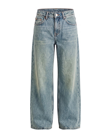 Harlow Low Rise Jeans in grain blue — low-rise baggy straight-leg denim with a sandy blue wash, flat lay