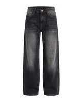 Harlow Low Rise Jeans in grunge gray — low-rise baggy straight-leg denim with a faded black wash, flat lay