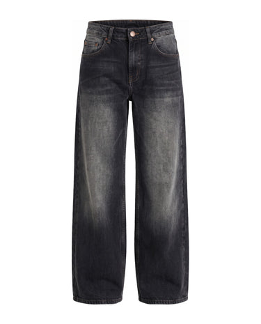 Harlow Low Rise Jeans in grunge gray — low-rise baggy straight-leg denim with a faded black wash, flat lay