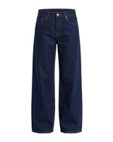 Harlow Low Rise Jeans in indigo — low-rise baggy straight-leg denim in a deep unwashed indigo, flat lay