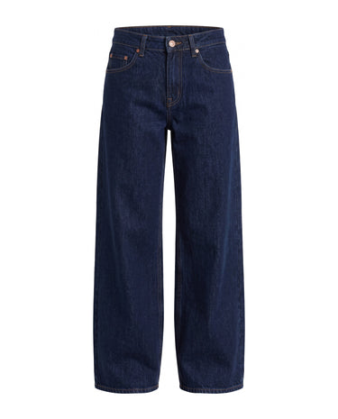 Harlow Low Rise Jeans in indigo — low-rise baggy straight-leg denim in a deep unwashed indigo, flat lay