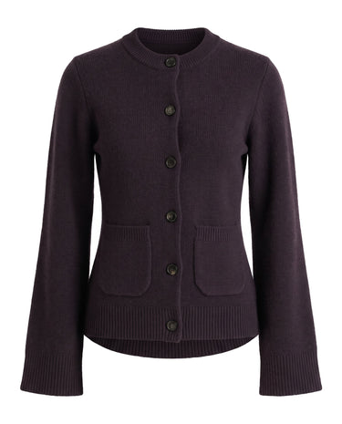 The Frankie Knit Cardi in aubergine — soft knit button-front cardigan with patch pockets, flat-lay