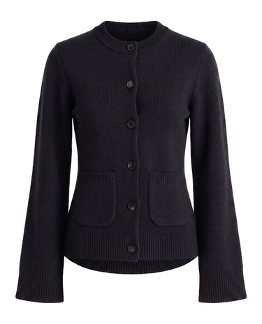 The Frankie Knit Cardi in black — soft knit button-front cardigan with patch pockets, flat-lay