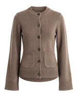 The Frankie Knit Cardi in khaki taupe — soft knit button-front cardigan with band collar, flat-lay