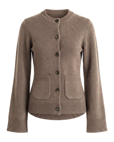 The Frankie Knit Cardi in khaki taupe — soft knit button-front cardigan with band collar, flat-lay