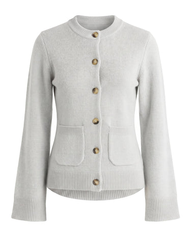 The Frankie Knit Cardi in gray — pale silver knit button-front cardigan with brass buttons, flat-lay
