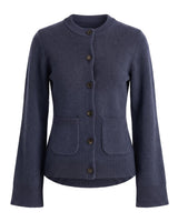 The Frankie Knit Cardi in blue — soft knit button-front cardigan with flared ribbed cuffs, flat-lay