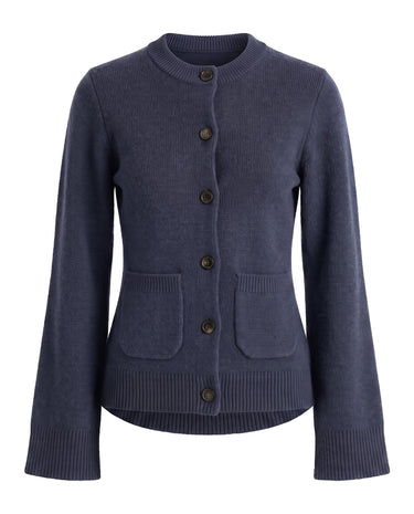 The Frankie Knit Cardi in blue — soft knit button-front cardigan with flared ribbed cuffs, flat-lay