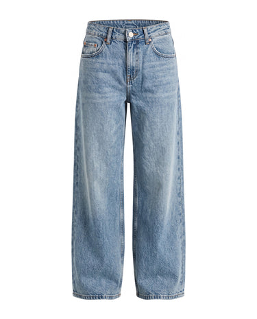 Harlow Low Rise Jeans in light blue — low-rise baggy straight-leg denim with a faded wash, flat lay