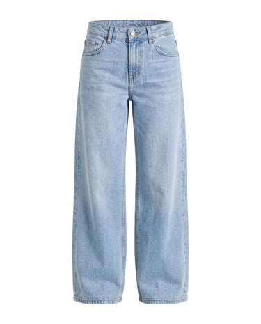 Harlow Low Rise Jeans in powder blue — low-rise baggy straight-leg denim in a pale blue wash, flat lay