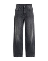 Harlow Low Rise Jeans in smoke gray — low-rise baggy straight-leg denim with a faded grey wash, flat lay