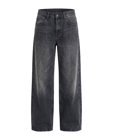 Harlow Low Rise Jeans in smoke gray — low-rise baggy straight-leg denim with a faded grey wash, flat lay