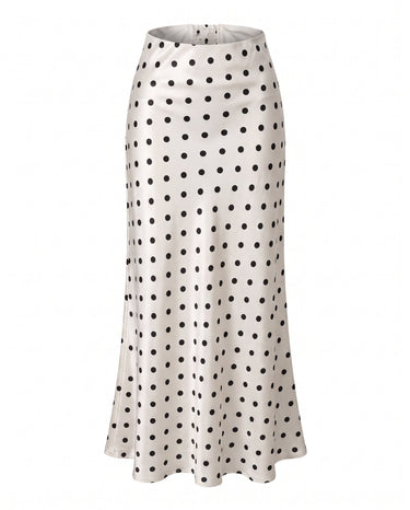 Hattie Polka Dot Skirt in white — white polka-dot maxi skirt, product flat-lay