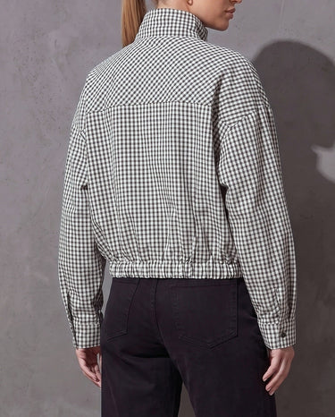 Back view of the Henley Jacket with stand collar, shoulder yoke and gathered hem