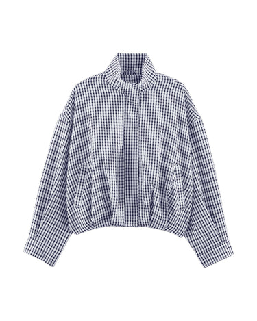 Henley Jacket in navy blue and white gingham, flat lay front view
