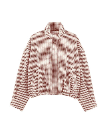 Henley Jacket in brown and white gingham, flat lay front view