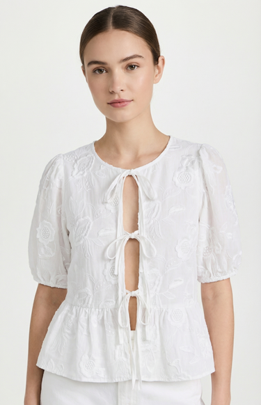 Embroidered Short Sleeve Lace-up Shirt