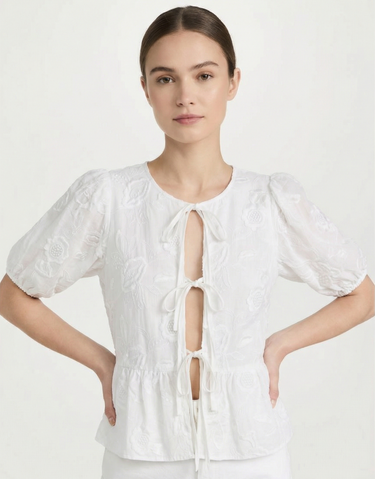 Embroidered Short Sleeve Lace-up Shirt