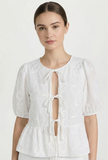 Embroidered Short Sleeve Lace-up Shirt