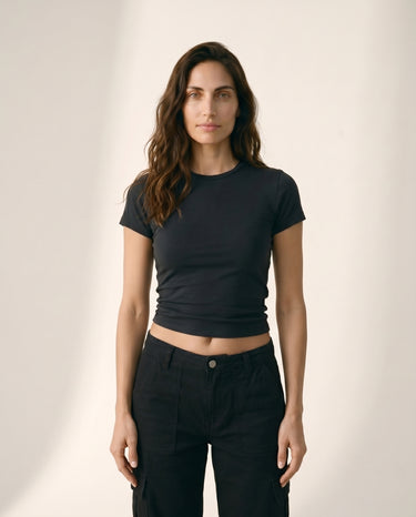 Black viscose crew-neck t-shirt, view 2 – Moriel Heritage