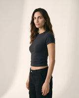 Black viscose crew-neck t-shirt, view 3 – Moriel Heritage