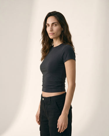 Black viscose crew-neck t-shirt, view 3 – Moriel Heritage