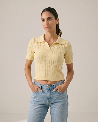 Yellow polyester top, view 2 – Moriel Heritage