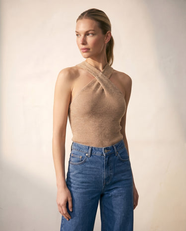 Beige knit knit sweater, view 3 – Moriel Heritage